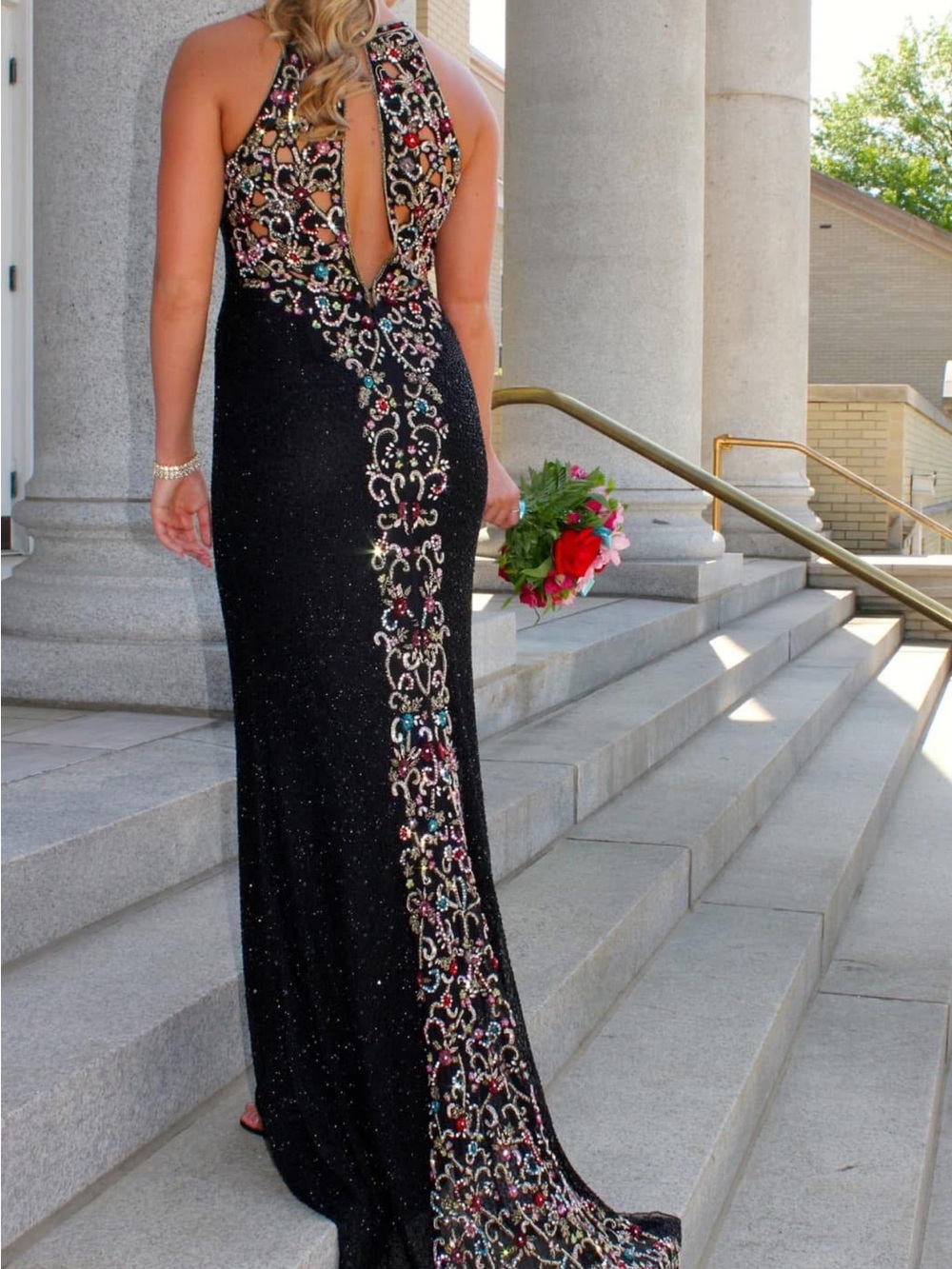 Sherri Hill Black Prom Gown with Multicolor Beaded Trim